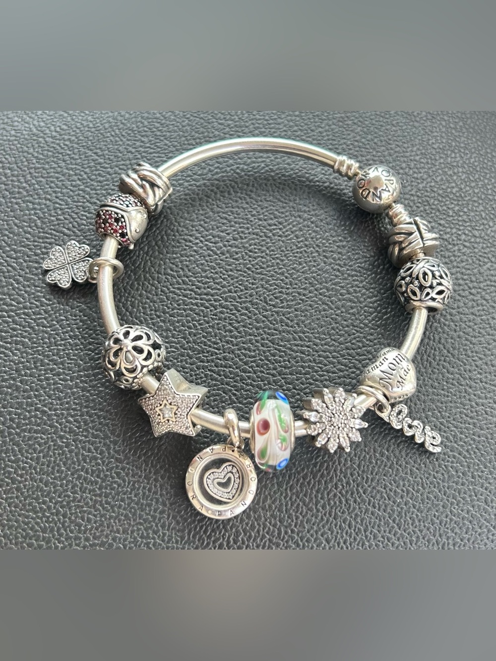 Pandora Silver Charm Bracelet with Multicolor Glass Center and Pink Accents